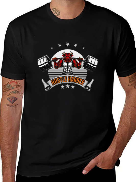 Hustle Harder Bull Barbell Black T-Shirt