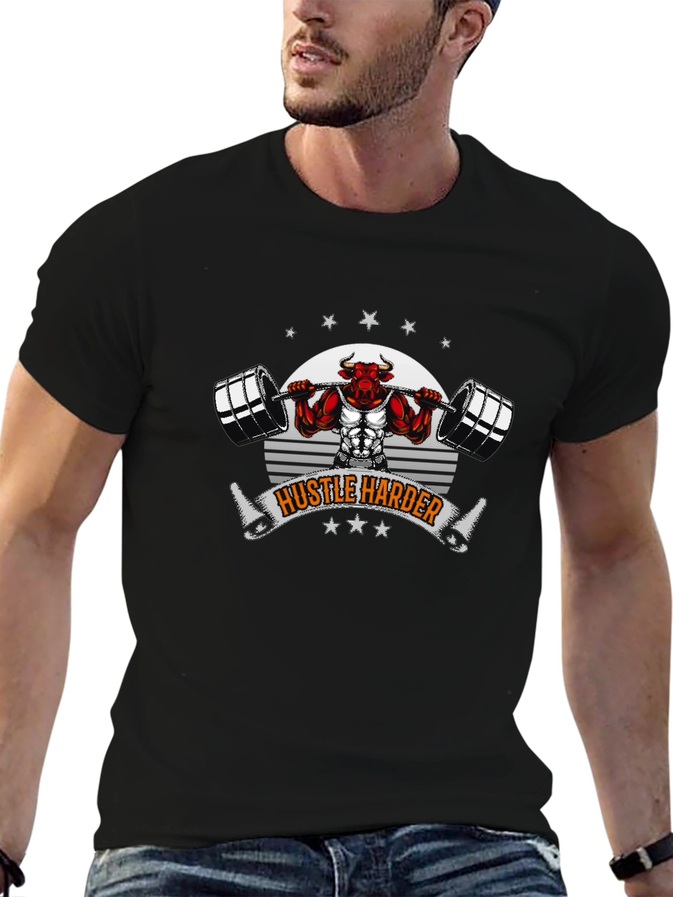 Hustle Harder Bull Barbell Black T-Shirt