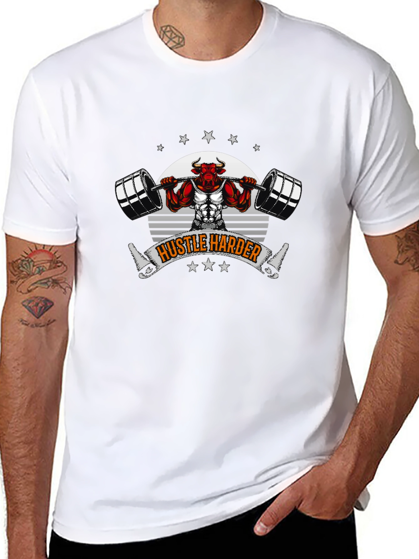 Hustle Harder Bull Barbell Black T-Shirt