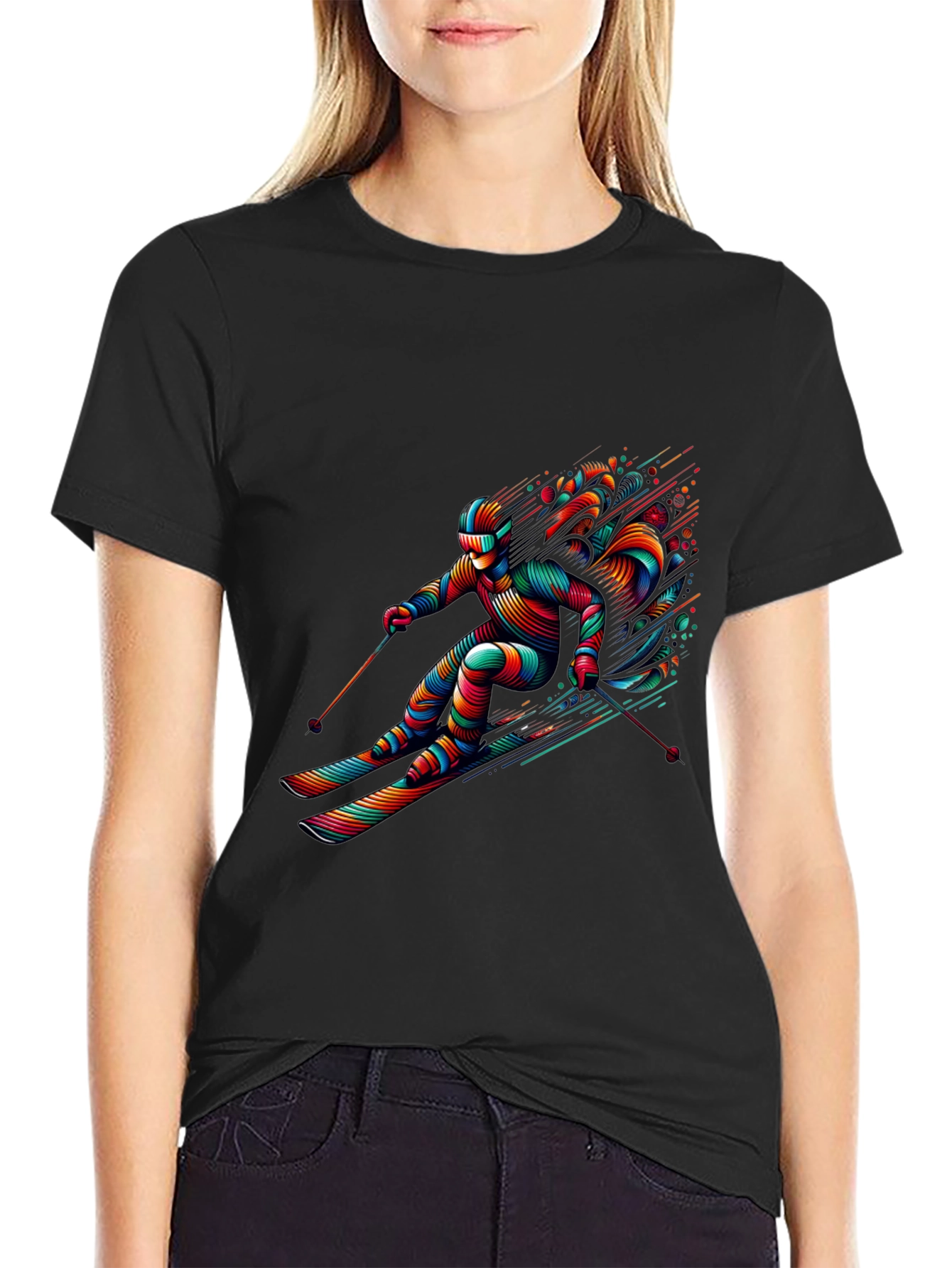 Vibrant Skier Graphic Tee - Black