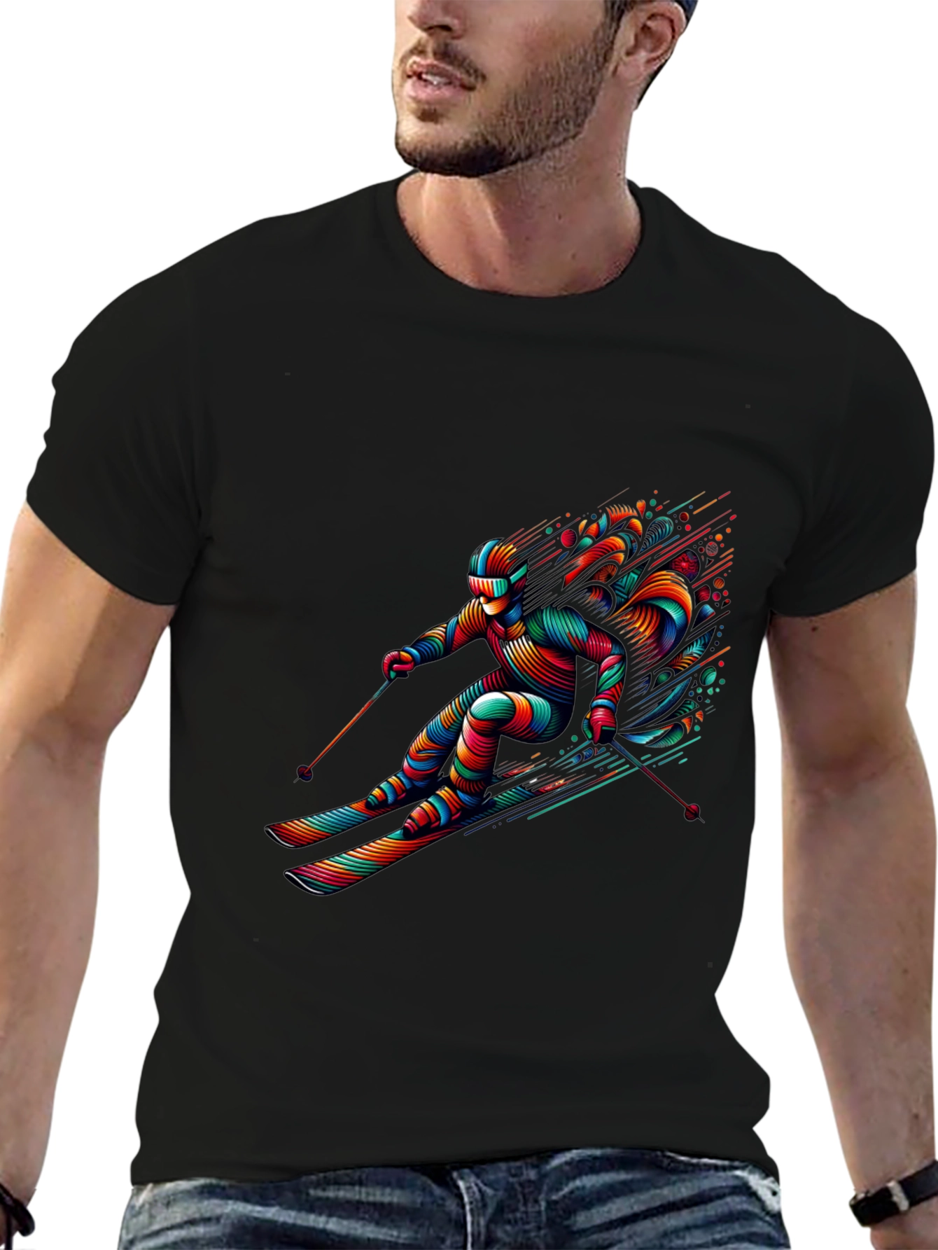 Vibrant Skier Graphic Tee - Black