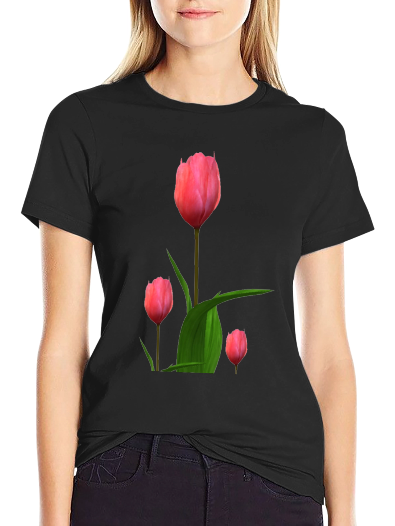 Floral Tulip Graphic Tee - Black Cotton Blend