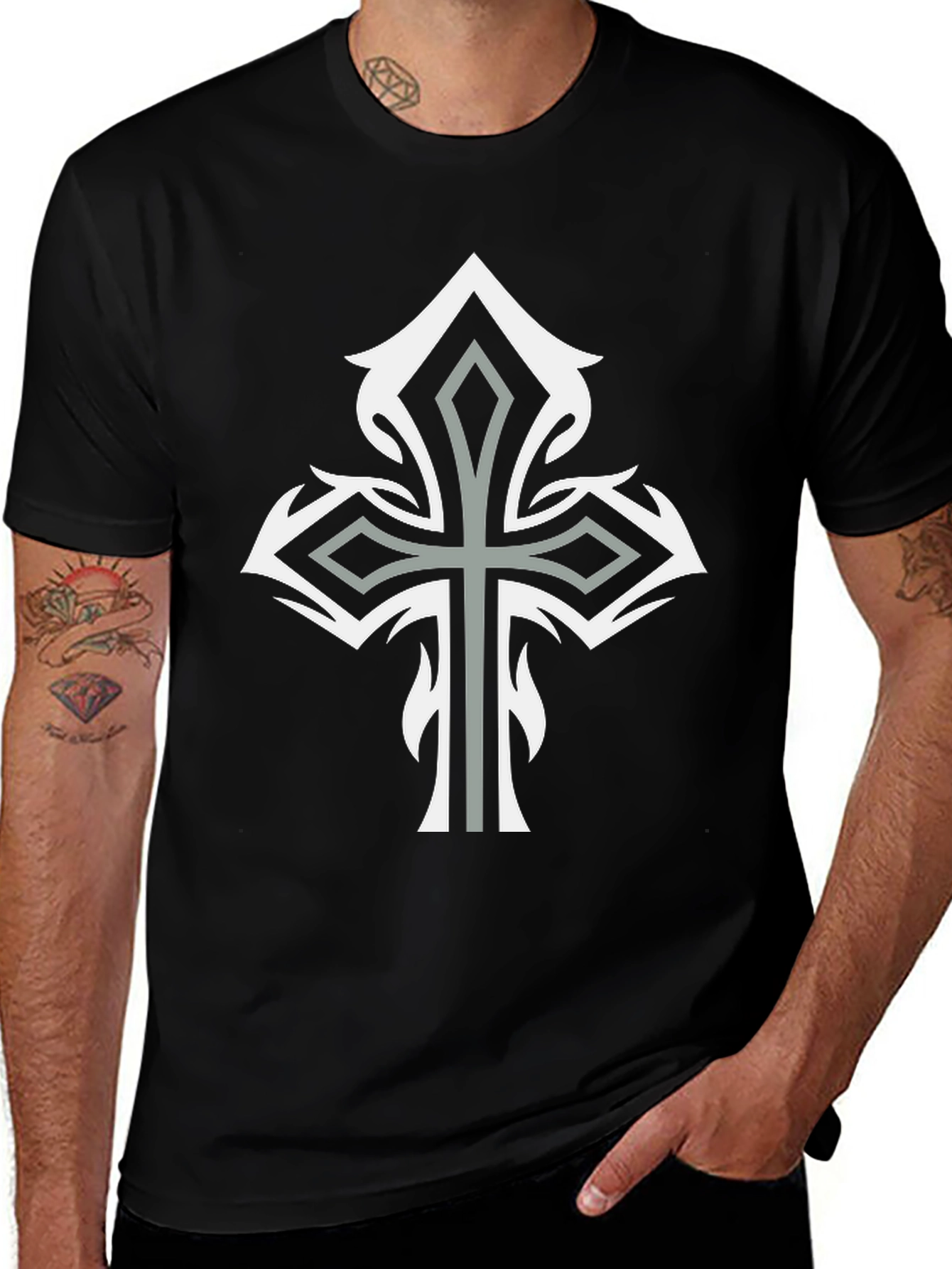 Tribal Cross Graphic Tee - Stylish Mens Black T-Shirt