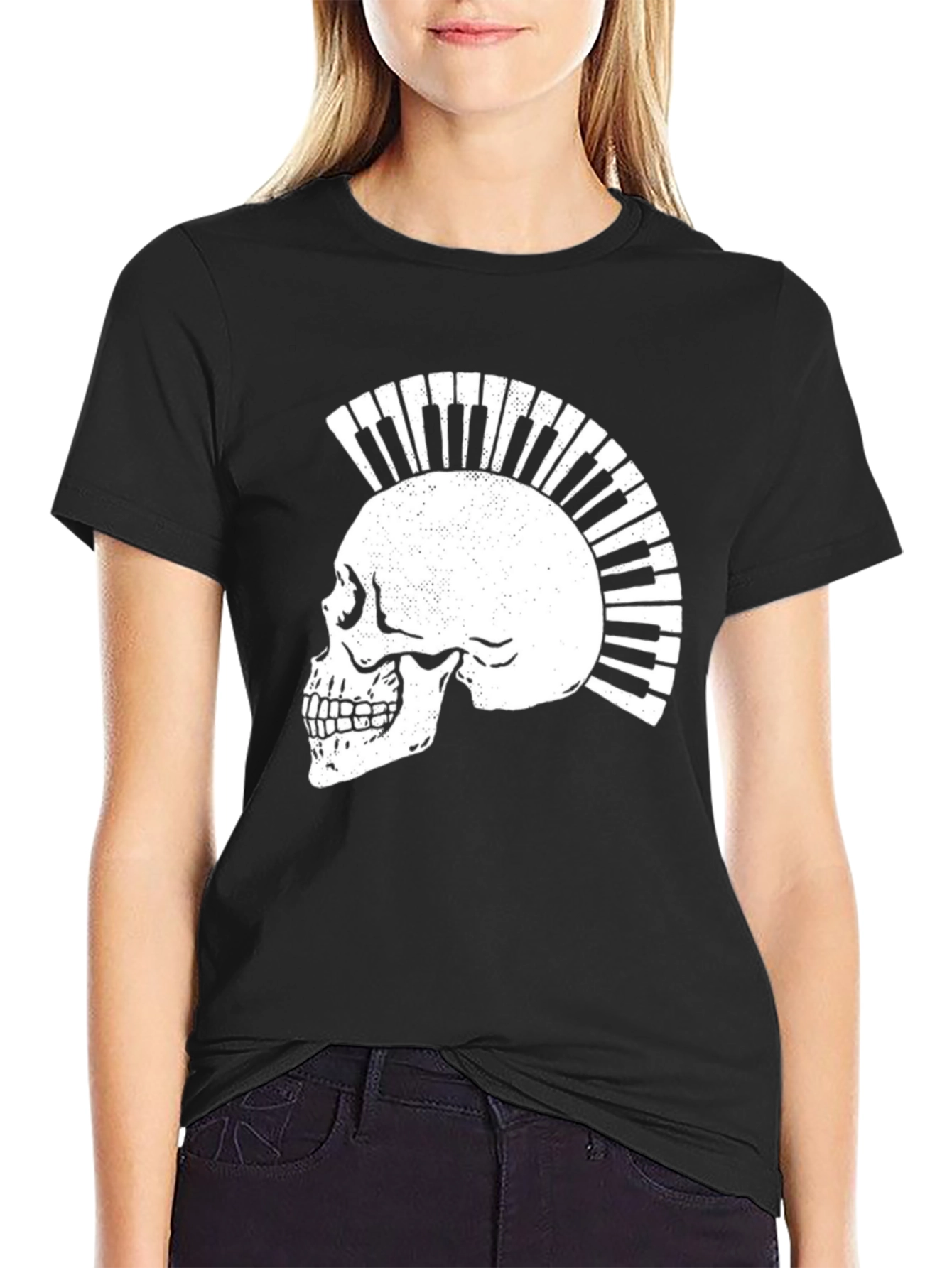 Skull Piano Keys Punk Rock Graphic T-Shirt